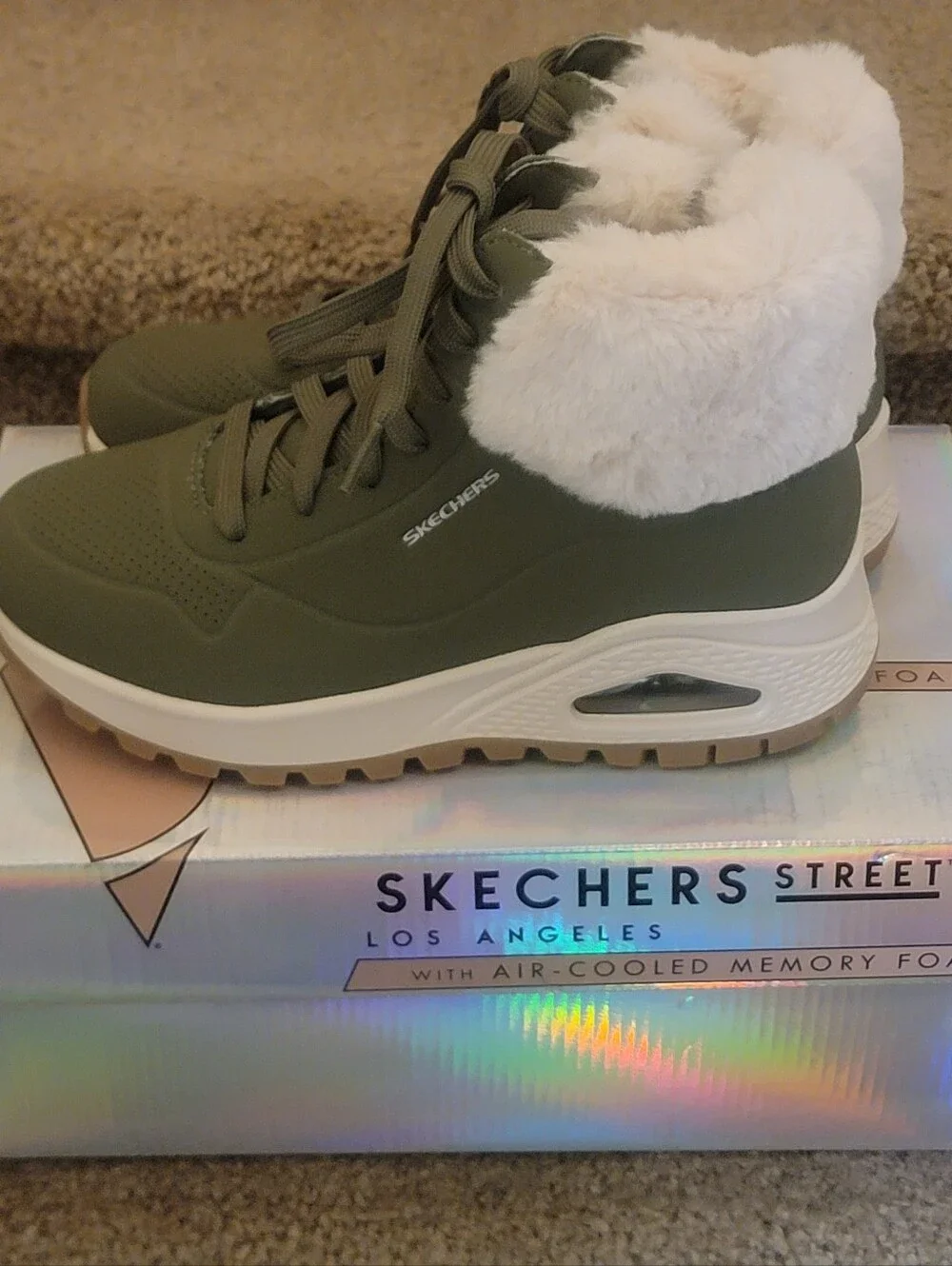 Women Skechers Uno Rugged- Fall Ait Short Boots In Olive Color Size 6.5 Wide